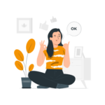 Illustration of a woman sitting cross legged with her hands up and thumbs up