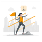 Illustration of a woman standing on a rock with a flag and arrows pointing up