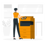 Illustration of a person standing next to a printer