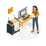 illustration of a woman standing next to her computer and a printer