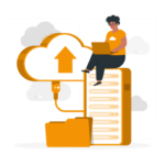 a cartoon of a woman sitting on a cloud computing device