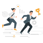 Illustration of a man and woman running with a trophy