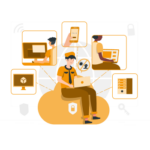 illustration of a man monitoring phone users with Orange