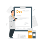 Illustration of a doctor standing next to a clipboard