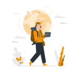 Illustration of a man walking with a laptop while wearing a hiking backpack