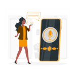 illustration of a woman standing next to a phone dictating into it