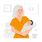 Illustration of nurse holding a newborn baby