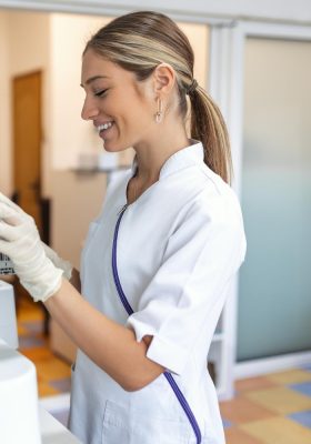 a woman wearing gloves and a white coat using a printer with SafeQ on-premise