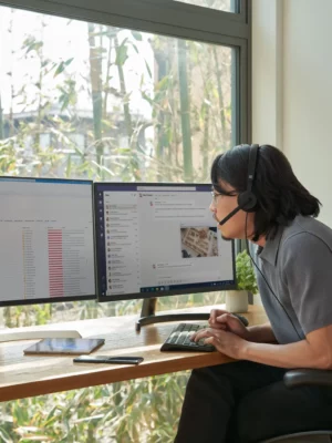 a man sitting at a desk with two computer screens