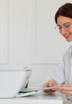 a woman in a white shirt scanning documents