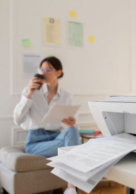 a woman sitting on a chair holding a cup of coffee and papers