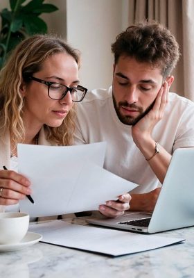 two coworkers discussing invoices sitting at a desk