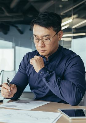 Thinking asian financier in glasses accountant working with documents and accounts, using laptop, male businessman doing paperwork in sitting at desk inside office building.