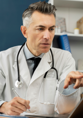 a doctor sitting at a desk with a laptop dictating with PowerMic Mobile