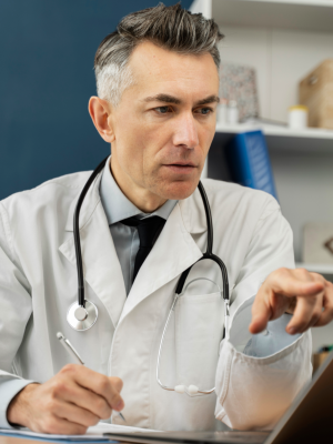 a doctor sitting at a desk with a laptop dictating with PowerMic Mobile