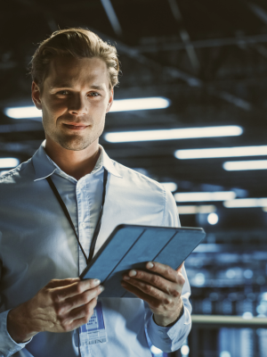 a man holding a tablet standing in a data center