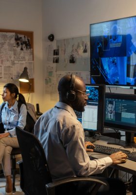 Young African American FBI agent sitting in front of computer monitors and screen in office while watching security camera records