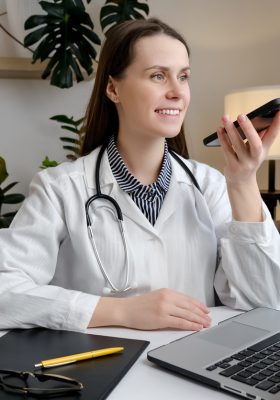 a woman in a white coat holding a phone