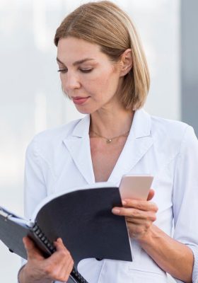 a woman holding a notebook and a phone