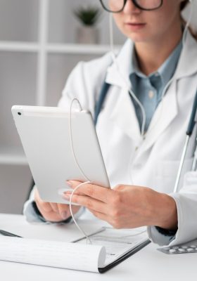 a doctor in a white coat using a tablet with DAX Copilot