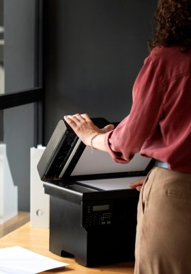 a woman standing at a printer