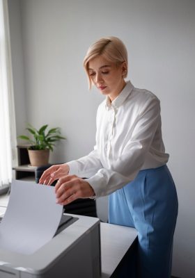 Woman using printer while working in an office