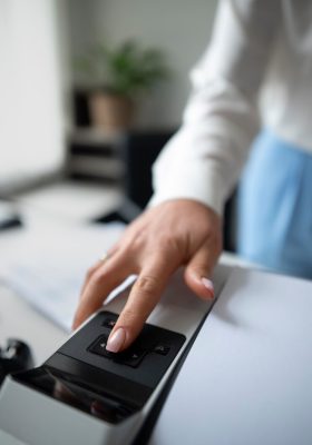 Woman using printer, pressing on a button